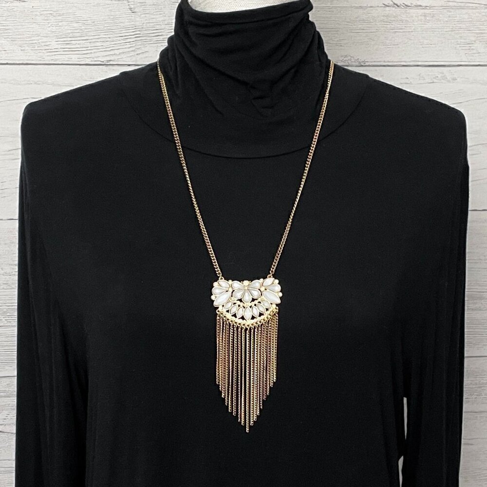 Gold Tone Long Pendant Necklace White Stones Chain Fringe
